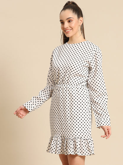 White Polka Dot Mini Dress for Women | Long Sleeve Casual Ruffle Hem Outfit