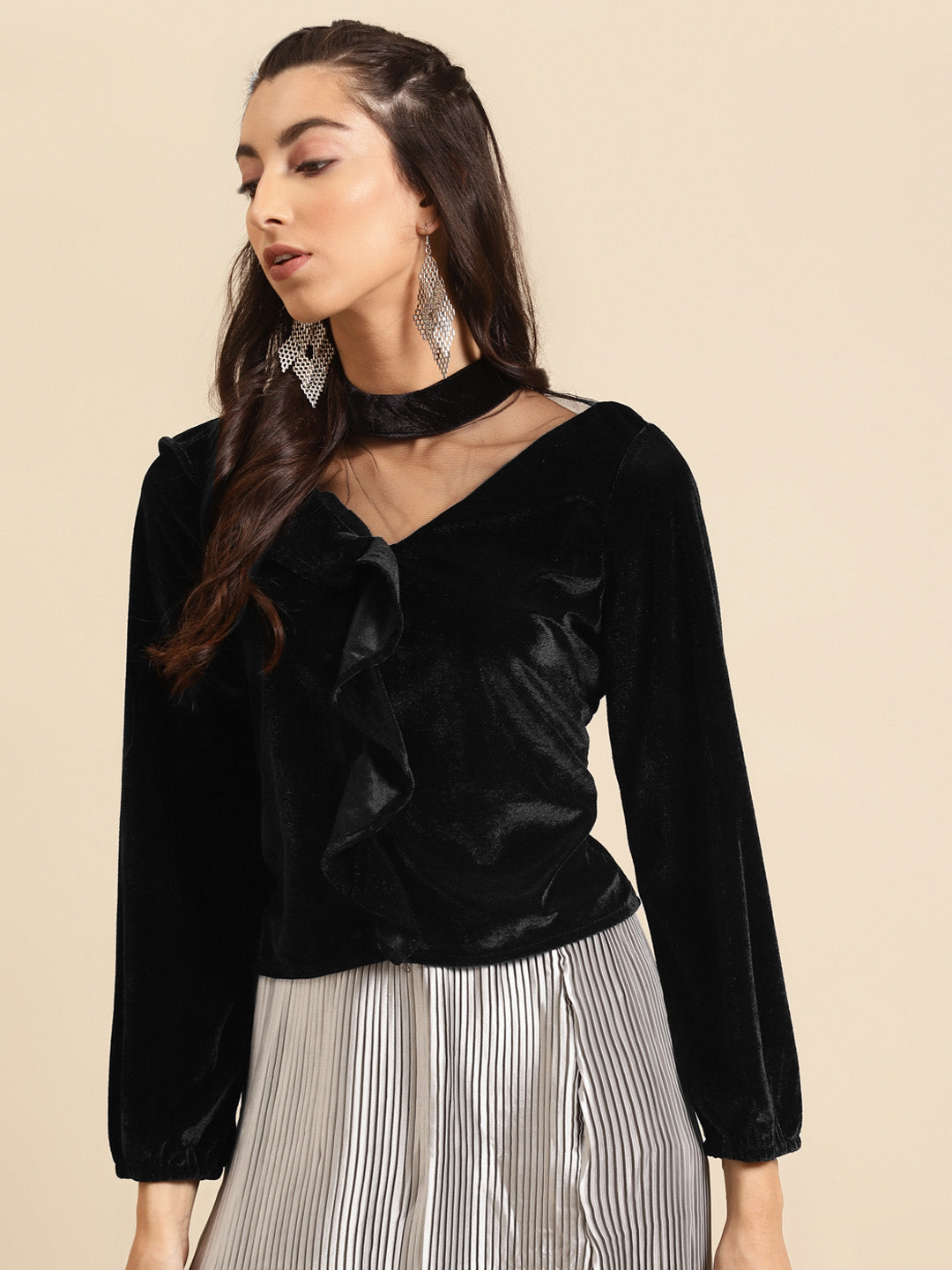 Black Velvet Choker Neck Ruffle Top for Women | Stylish Partywear Blouse