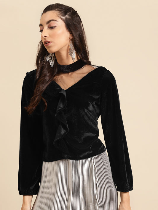 Black Velvet Choker Neck Ruffle Top for Women | Stylish Partywear Blouse