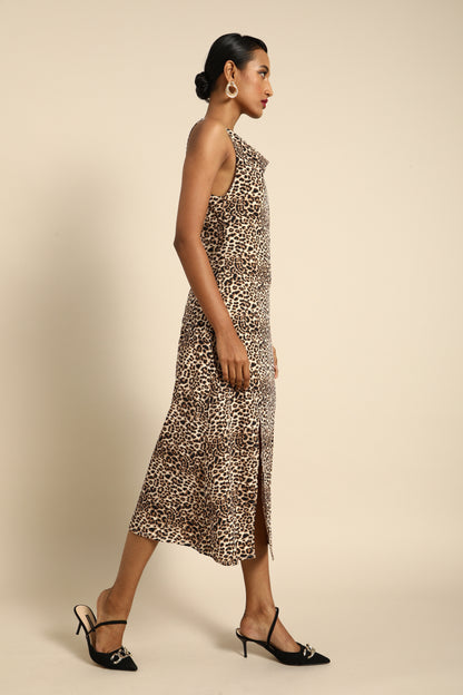 Leopard Print Sleeveless Midi Dress with Front Slit