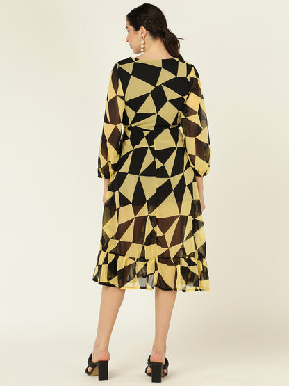 Geometric Print V-Neck Midi Dress with Ruffle Hem & Sheer Sleeves