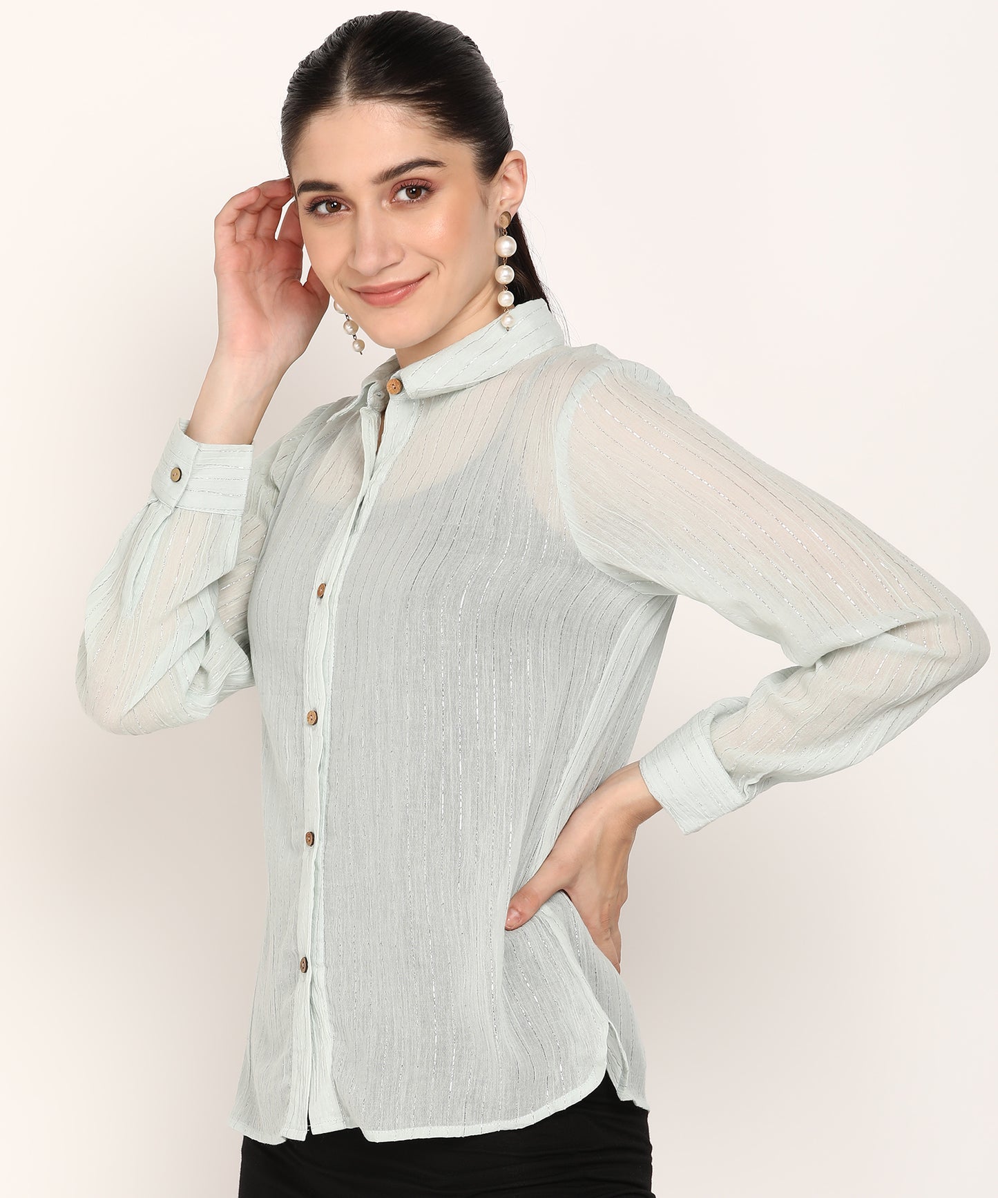 Women's White Sheer Stripe Shirt with Wooden Buttons