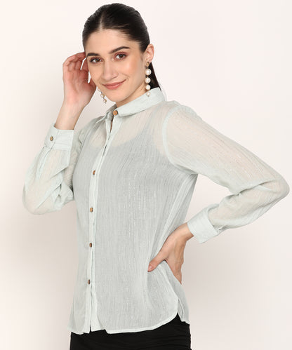 Women's White Sheer Stripe Shirt with Wooden Buttons