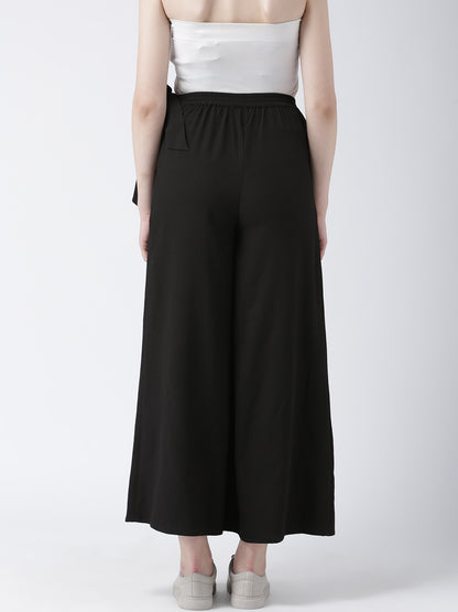 Black Wrap Style Wide Leg Trousers for Women