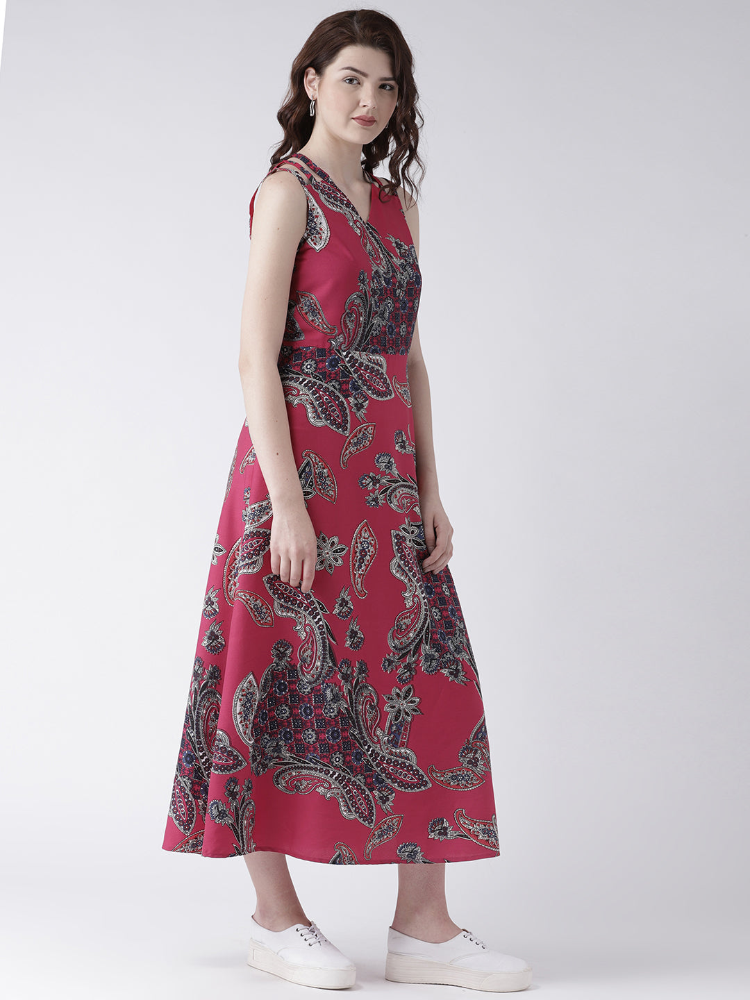 Women's Pink Paisley Print Sleeveless V-Neck Midi Dress