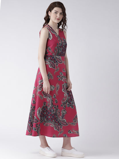 Women's Pink Paisley Print Sleeveless V-Neck Midi Dress