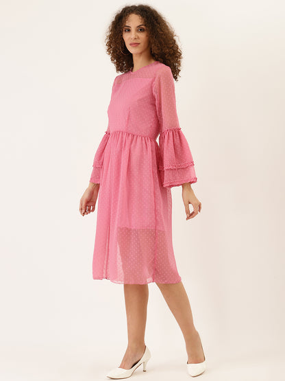 Pink Sheer Polka Dot Midi Dress for Women – Flared Sleeves & Layered Mesh Design
