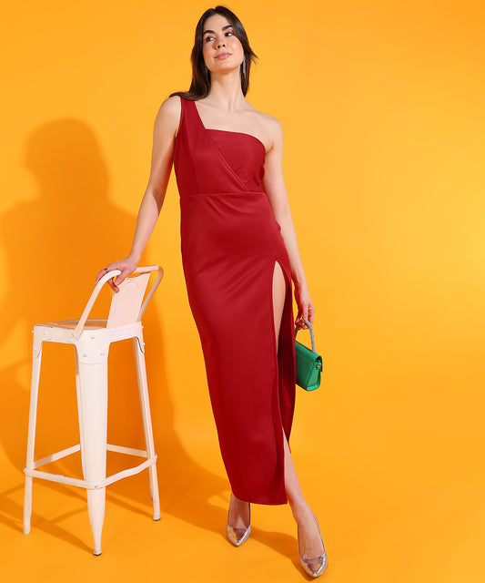 Elegant One Shoulder Red Evening Dress with High Slit – Women's Party Gown
