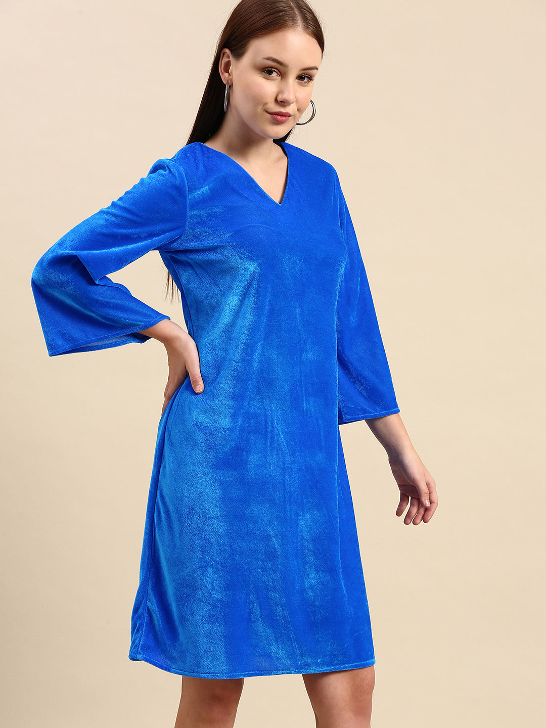 Royal Blue Velvet Dress - V-Neck, Bell Sleeves, Knee Length