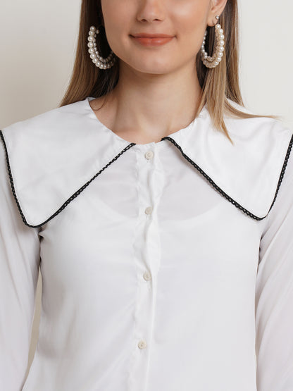Women's White Collared Button-Up Shirt – Long Sleeve Blouse with Black Trim for Casual & Office Wear