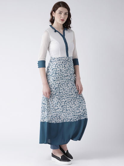 Women's Blue and White Printed Long Kurta with Shirt Collar and 3/4 Sleeves
