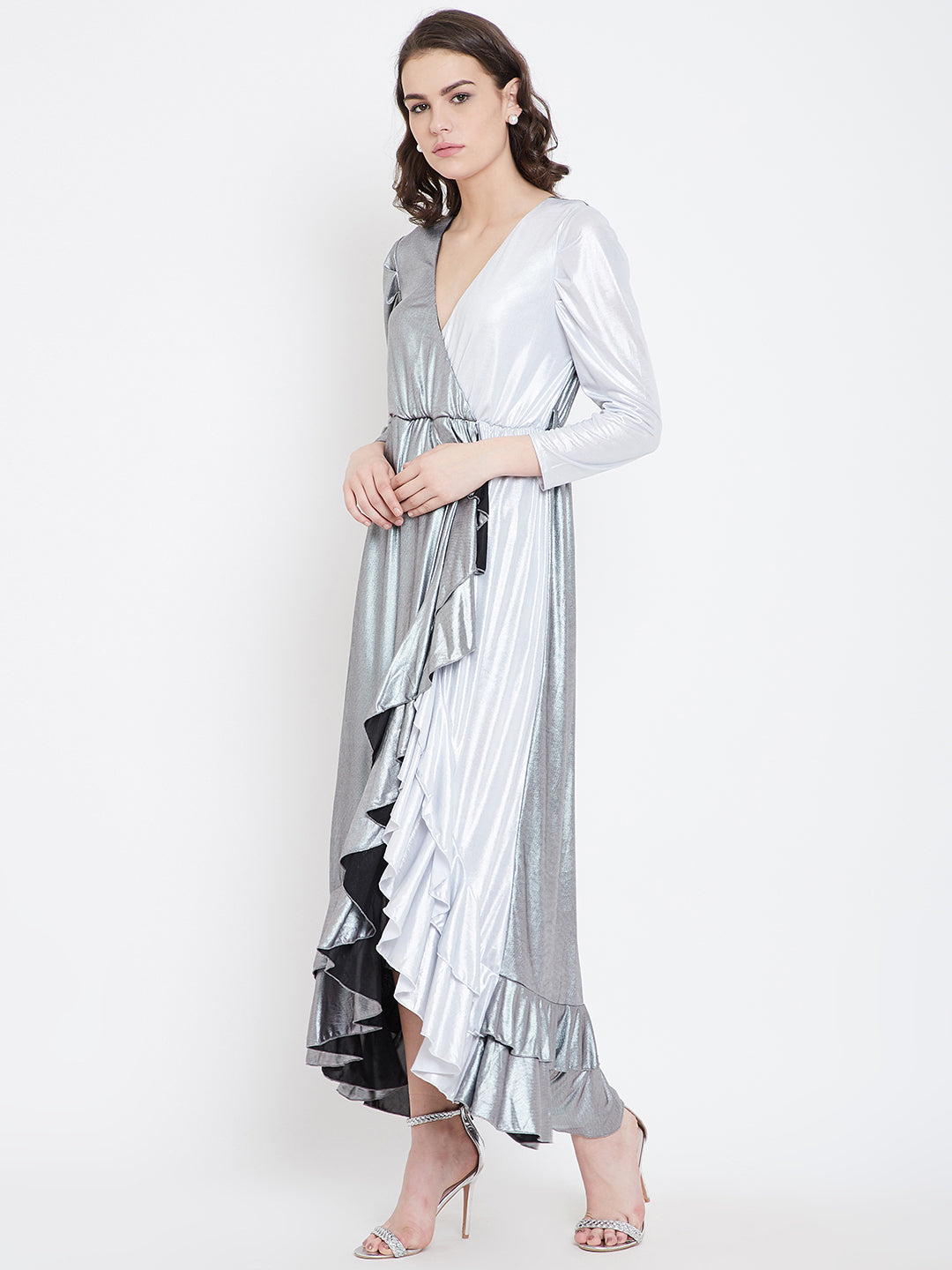 Metallic Silver High-Low Ruffle Dress with V-Neck and Full Sleeves