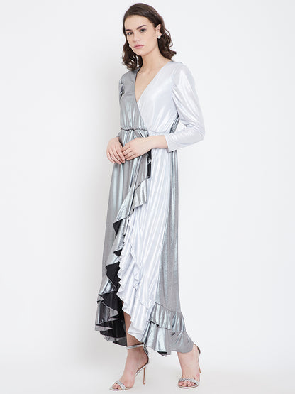 Metallic Silver High-Low Ruffle Dress with V-Neck and Full Sleeves