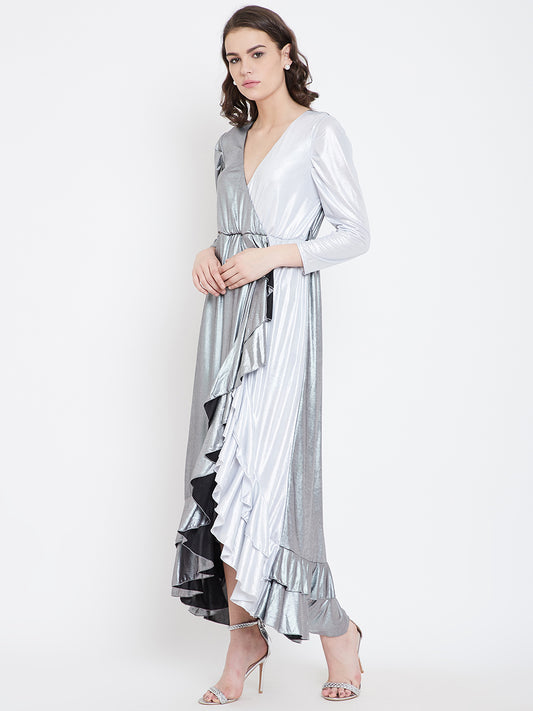 Metallic Silver High-Low Ruffle Dress with V-Neck and Full Sleeves