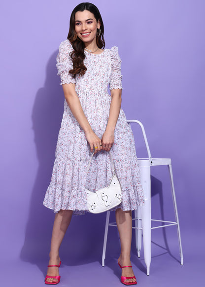 Women’s White Floral Puff Sleeve Tiered Midi Dress