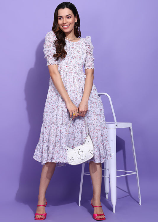 Women’s White Floral Puff Sleeve Tiered Midi Dress