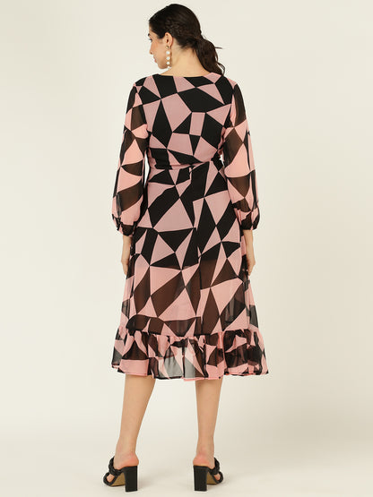 Geometric Print V-Neck Midi Dress with Ruffle Hem & Sheer Sleeves