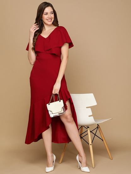 Elegant Maroon Ruffle High Low Dress for Women | Party Wear Midi Dress