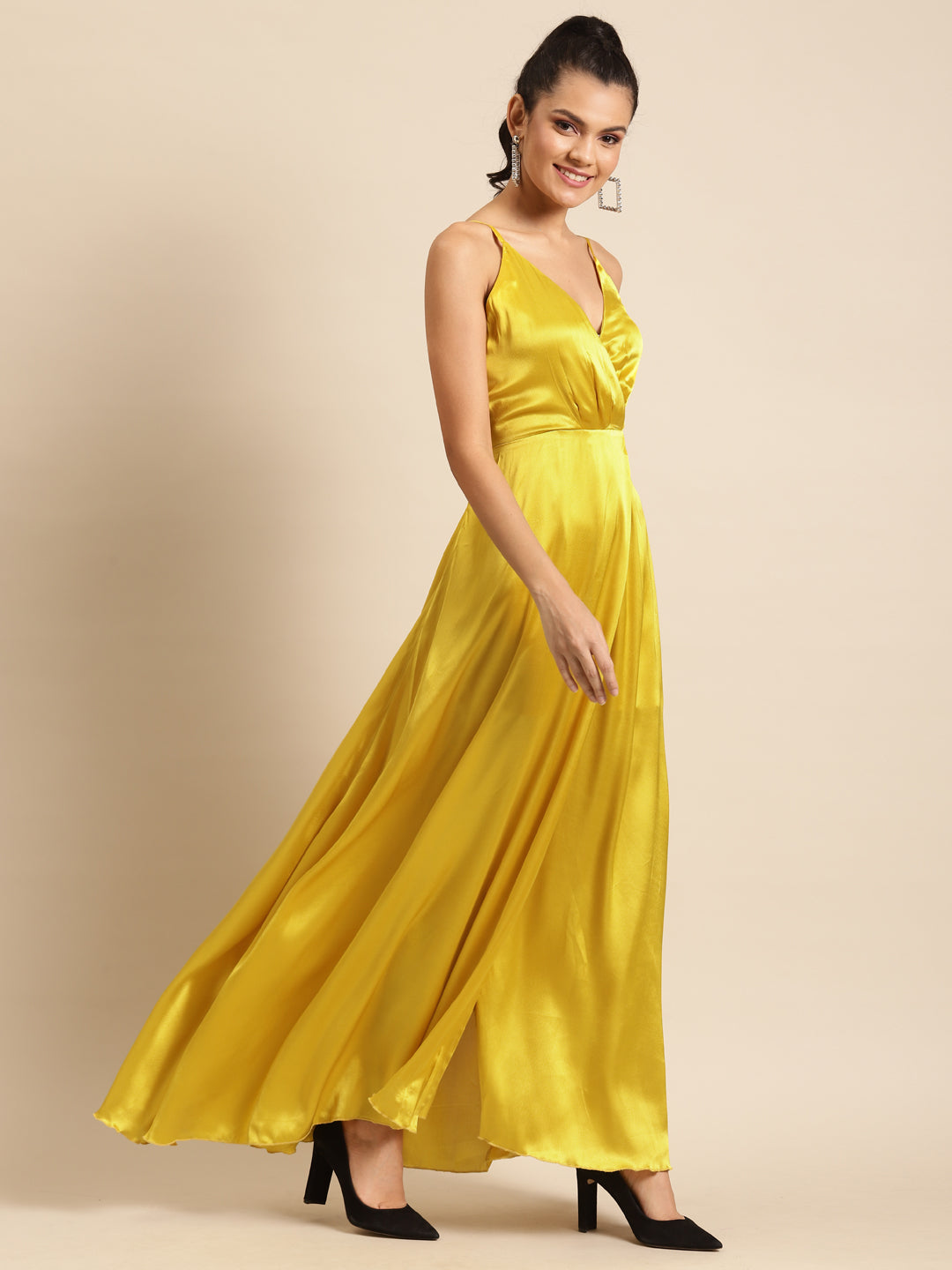 Yellow Satin Wrap Maxi Dress for Women | Elegant Slit Gown for Parties