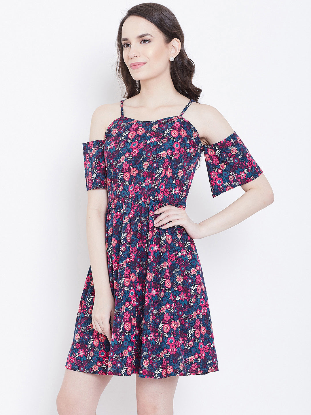 Cold Shoulder Navy Blue Floral Dress with Spaghetti Straps