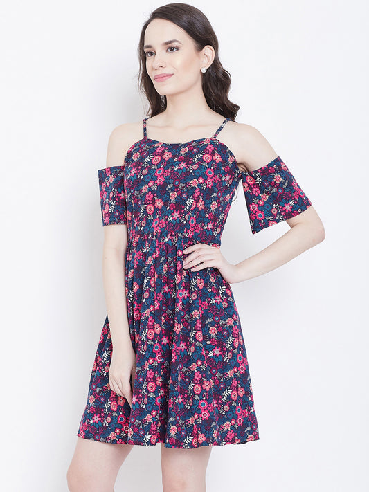 Cold Shoulder Navy Blue Floral Dress with Spaghetti Straps