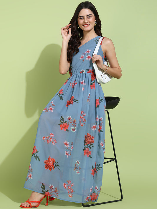 Blue One Shoulder Floral Maxi Dress for Women | Elegant Summer Long Dress
