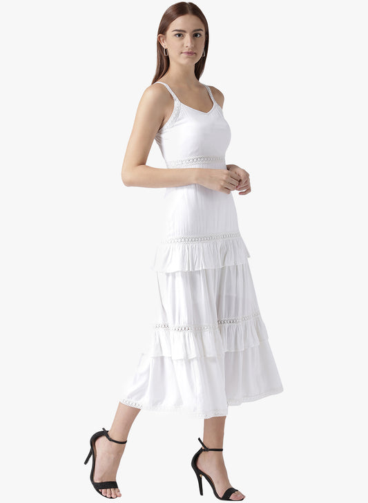 Women's White Tiered Sleeveless Midi Dress with Lace Detail