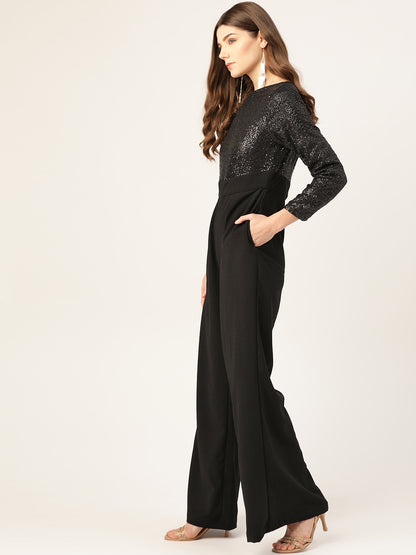 Elegant Black Sequin Top and High-Waisted Wide-Leg Pants Jumpsuit for Women