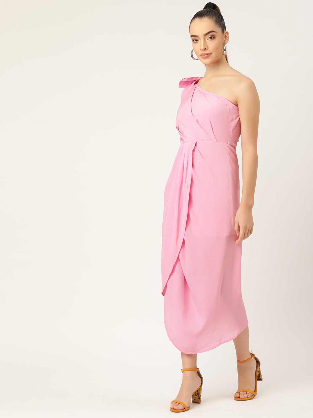 Women Pink One Shoulder Bow Detail Draped Midi Dress