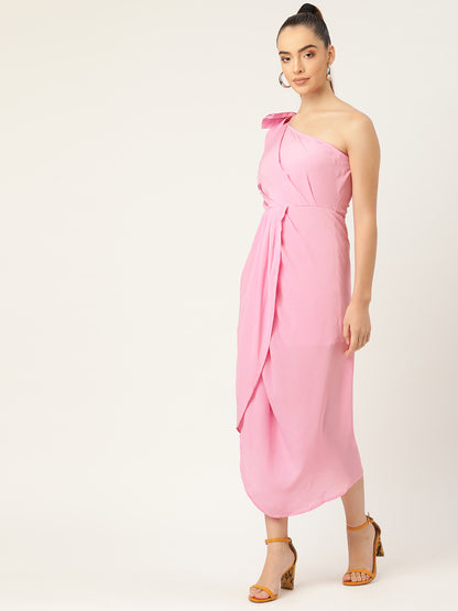 Women Pink One Shoulder Bow Detail Draped Midi Dress