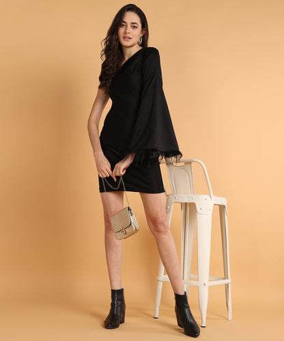 Black One-Shoulder Bodycon Mini Dress with Long Sleeve for Women