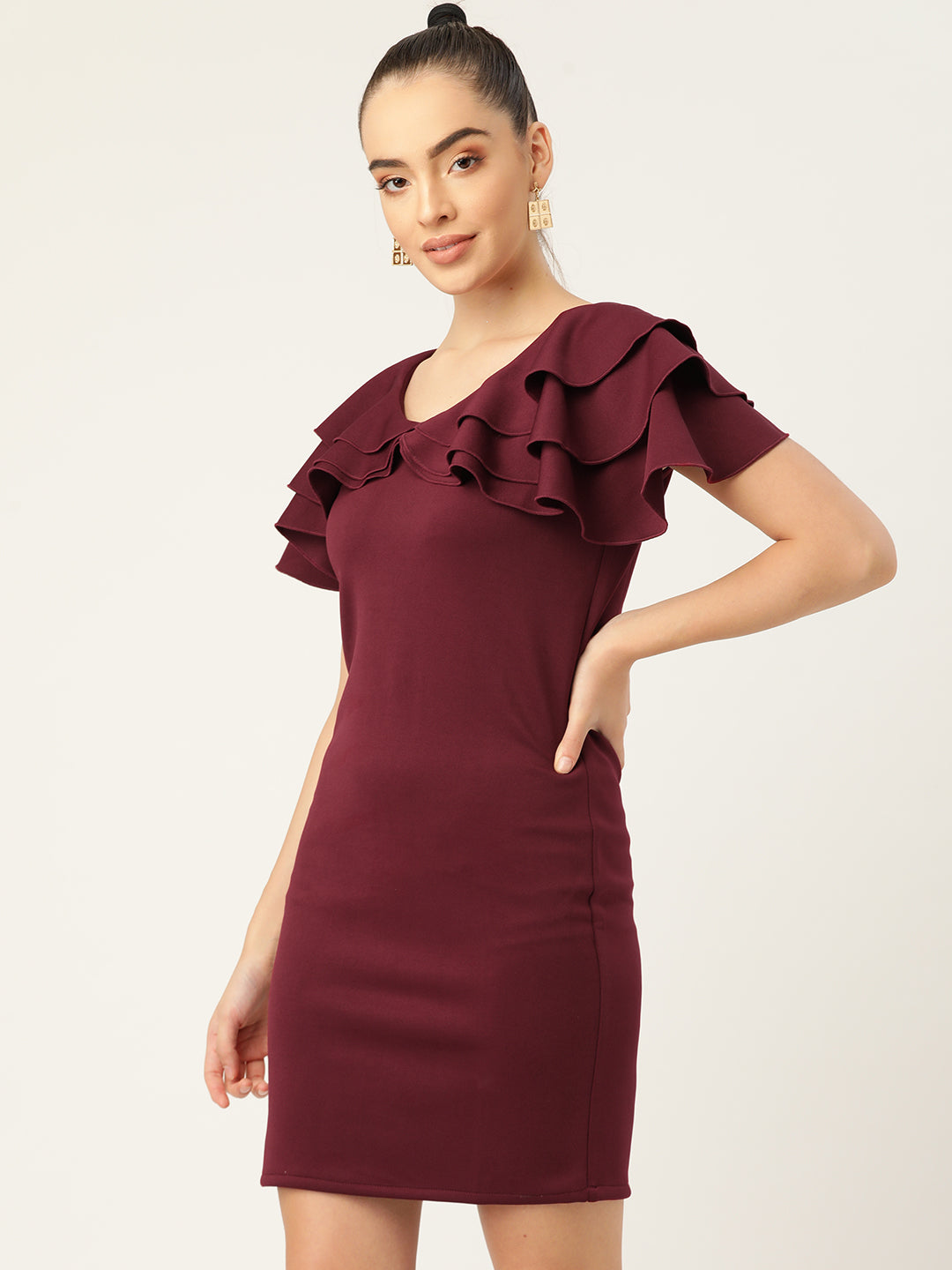 Maroon Ruffle Sleeve Bodycon Mini Dress for Women