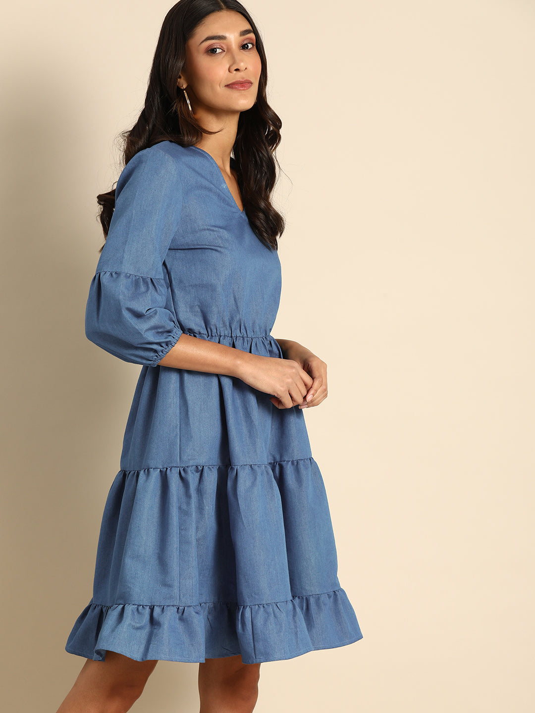 Blue Denim Tiered Mini Dress for Women with V-Neck and Ruffle Hem