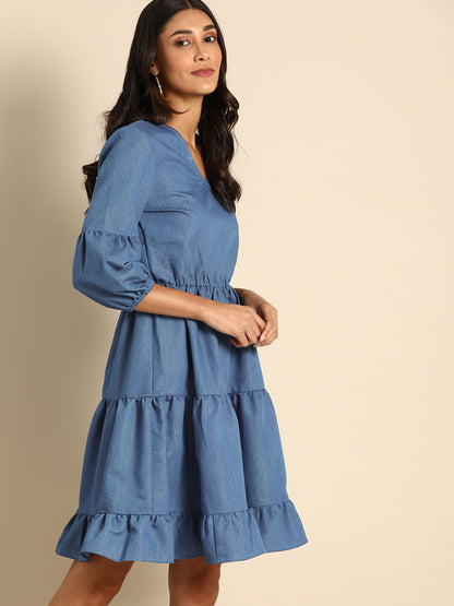 Blue Denim Tiered Mini Dress for Women with V-Neck and Ruffle Hem