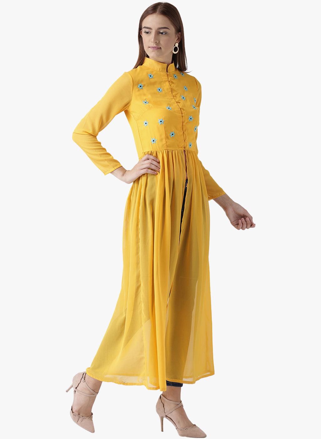 Women's Yellow Embroidered Front-Slit Long Kurta with Mandarin Collar
