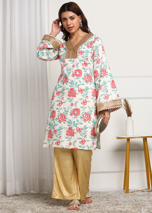 Floral Printed White Kurta with Golden Detailing | Ethnic Wear for Women