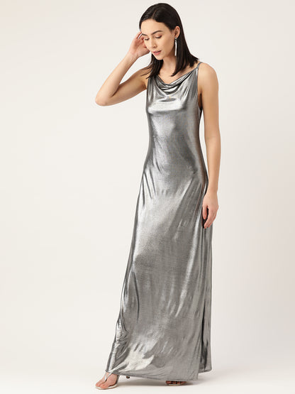 Silver Metallic Sleeveless Maxi Dress for Women