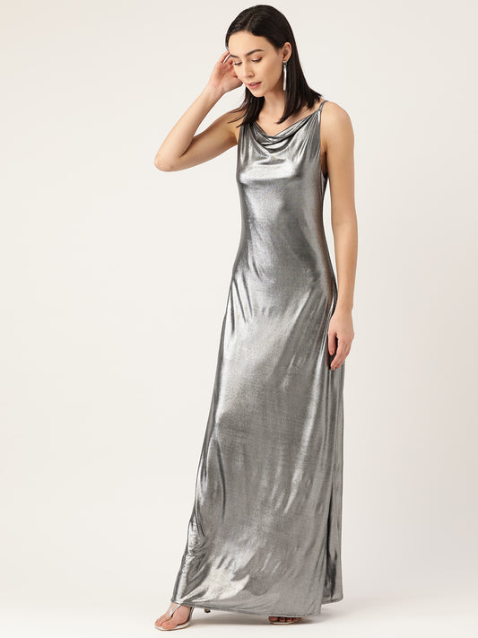 Silver Metallic Sleeveless Maxi Dress for Women