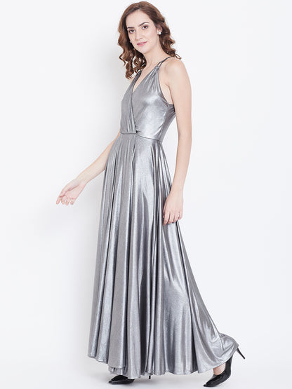 Silver Metallic Halter Neck Maxi Gown with Flared Dress