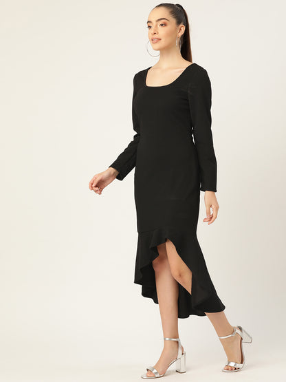 Women Black High-Low Ruffle Hem Long Sleeve Bodycon Dress