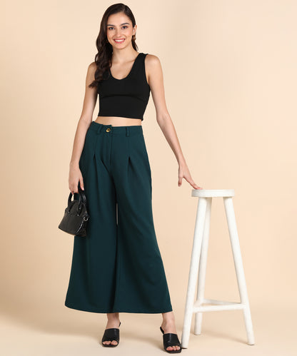 Women's Dark Black High-Waist Wide Leg Trousers – Elegant Pleated Palazzo Pants with Pockets