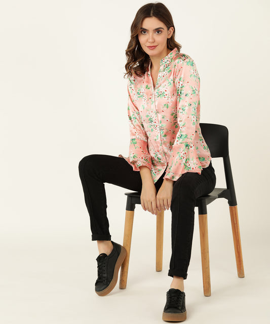 Women's Pink Floral Printed Satin Shirt with Flared Sleeves