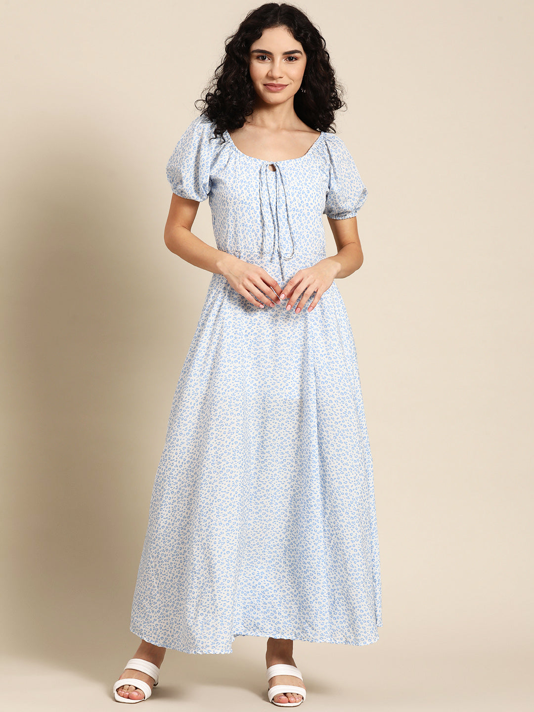 Lavender Floral Print Maxi Dress for Women with Puff Sleeves & Front Slit – Elegant Summer Casual Dress