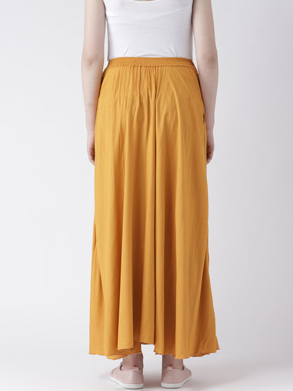 Women's Mustard Yellow Flared Palazzo Pants with Pockets – Solid Rayon Wide-Leg Bottoms
