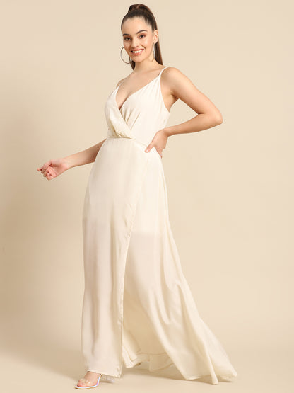 Ivory White Spaghetti Strap Maxi Dress for Women – Flowy V-Neck Gown for Parties & Weddings