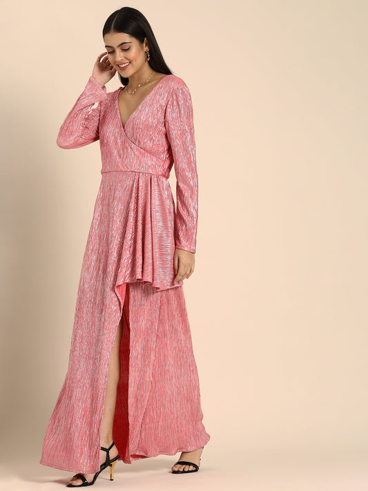 Pink Metallic Pleated Gown with Slit and Draped Detail