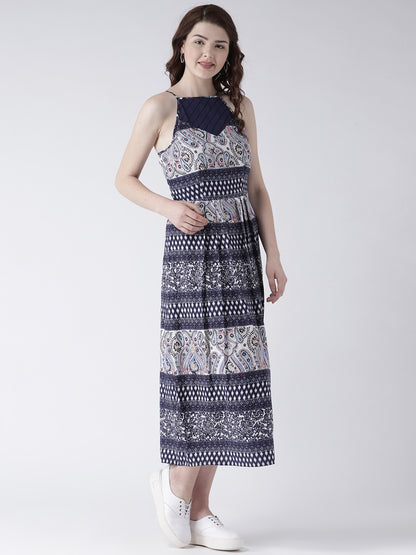 Women's Blue Ethnic Print Sleeveless High Neck Midi Dress