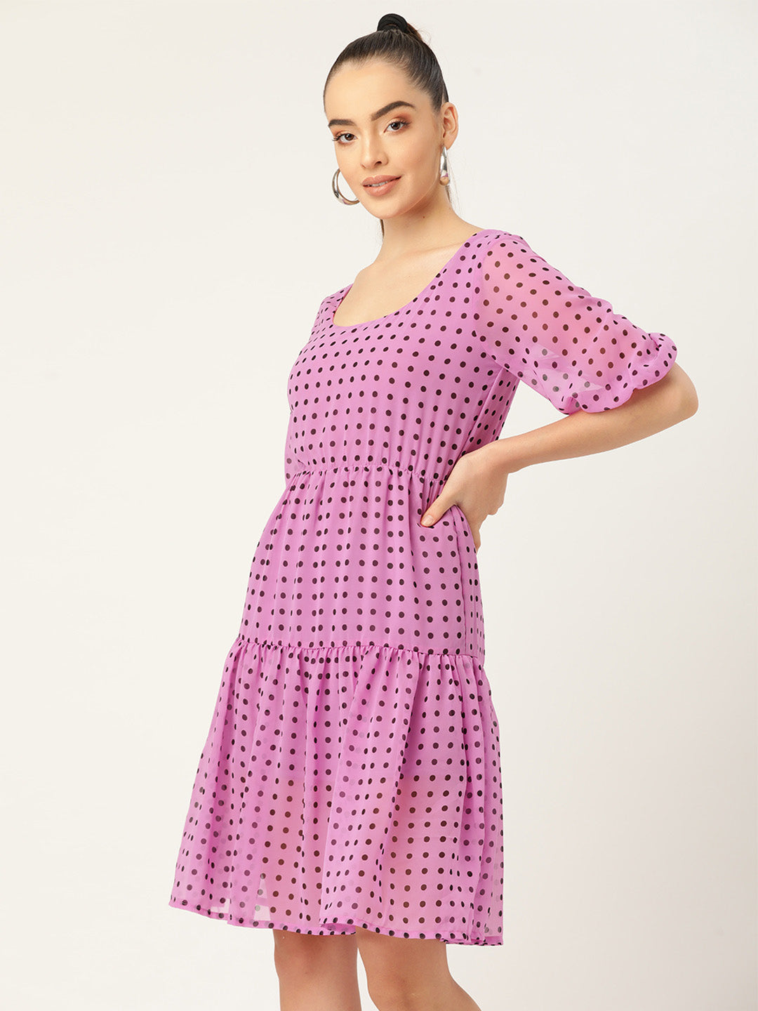 Trendy Lavender Polka Dot Puff Sleeve Mini Dress for Women