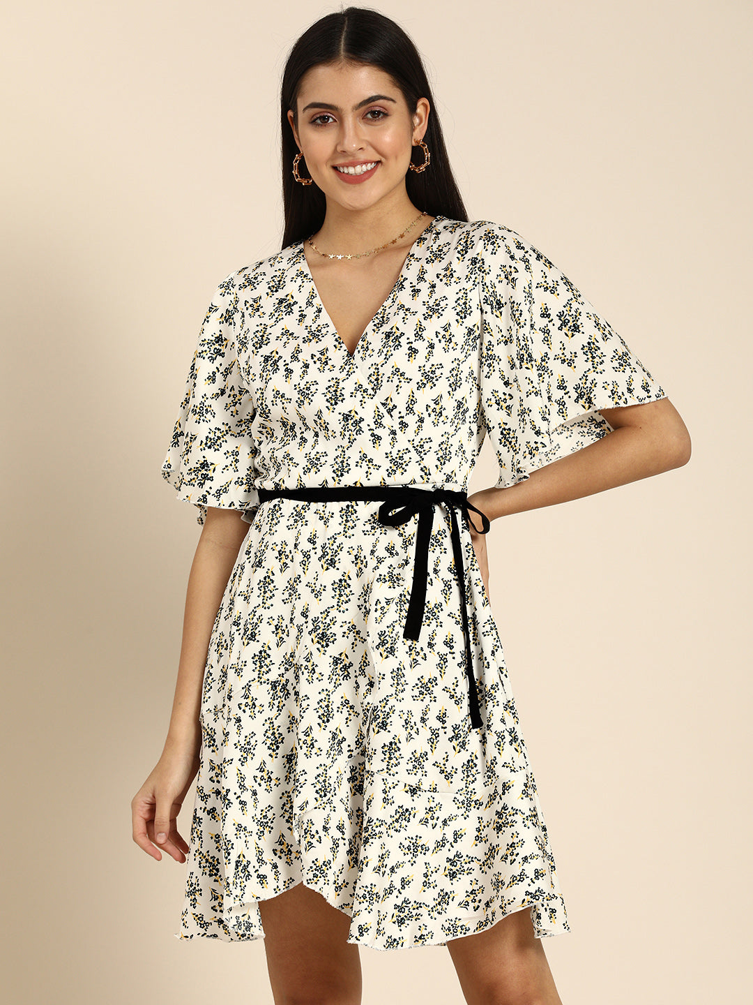 White Floral Fit & Flare Mini Dress with Black Waist Tie Casual & Elegant Day Dress