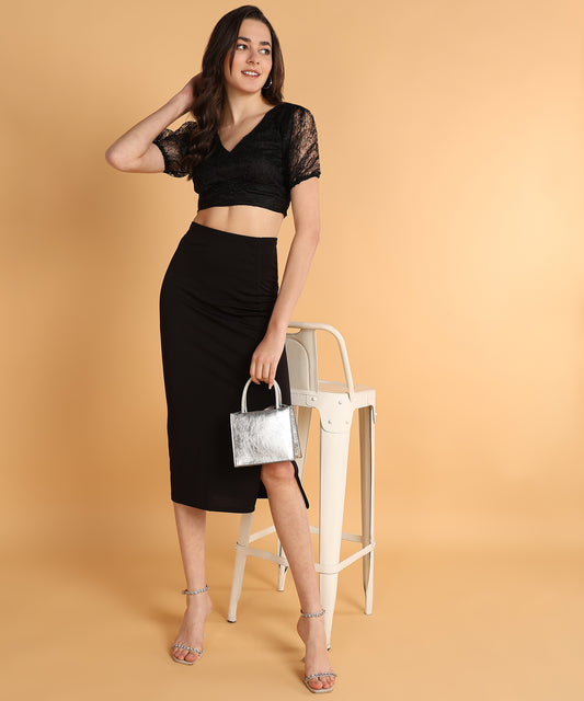 Black Lace Puff Sleeve Crop Top for Women with V-Neck